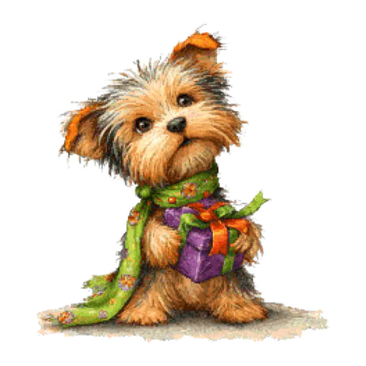cute dog, shih tzu, terrier, tan brown, cream, orange, green, purple, colorful, whimsical, playful, animals, pets, children's, baby, festive, gift wrap style, scarf detail, charming, adorable, cartoon style, illustration, friendly, warm tones, decorative, present bow, cheerful, fun