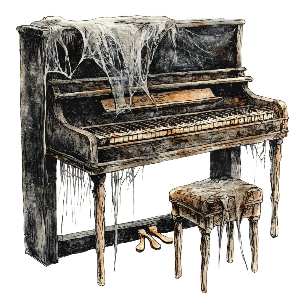 vintage piano, abandoned piano, black and white, cream, tan, brown, sepia tones, music theme, musical instruments, gothic, spooky, haunted, distressed, grunge, artistic illustration, sketch style, moody, dark academia, Victorian, antique, nostalgic, melancholic, dramatic, ink drawing, detailed illustration, home decor, statement fabric, artistic print, piano lover, music enthusiast