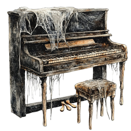 vintage piano, abandoned piano, black and white, cream, tan, brown, sepia tones, music theme, musical instruments, gothic, spooky, haunted, distressed, grunge, artistic illustration, sketch style, moody, dark academia, Victorian, antique, nostalgic, melancholic, dramatic, ink drawing, detailed illustration, home decor, statement fabric, artistic print, piano lover, music enthusiast