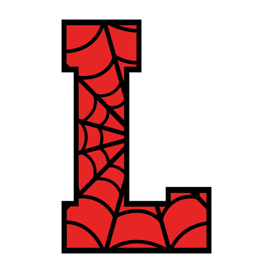 red, black, spider web pattern, letter l, alphabet, superhero theme, comic book style, fabric panel, quilting cotton, novelty print, children's fabric, web design, geometric lines, bright red, bold colors, superhero inspired, craft fabric, sewing material, themed fabric
