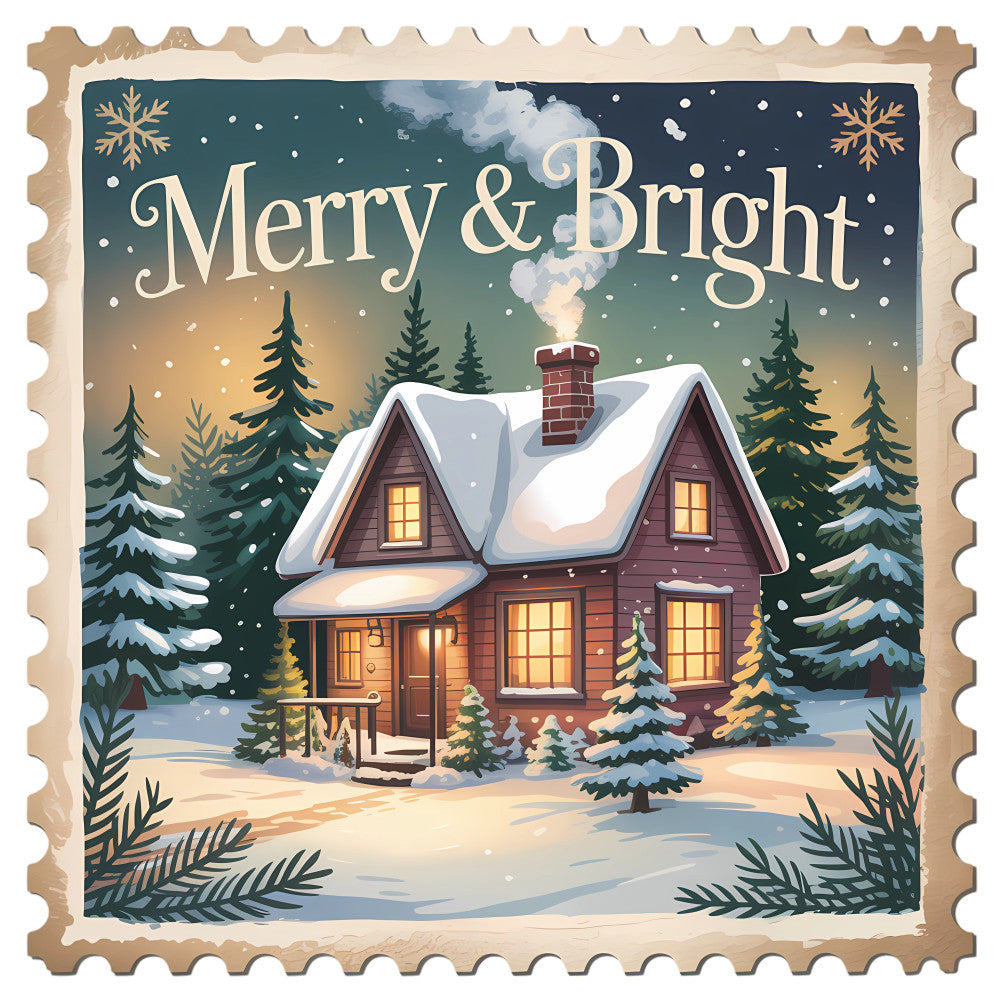 Vintage Christmas Stamps Fabric Panel 16 featuring a snowy cabin, pine trees, and "Merry & Bright" text in a vintage stamp design.