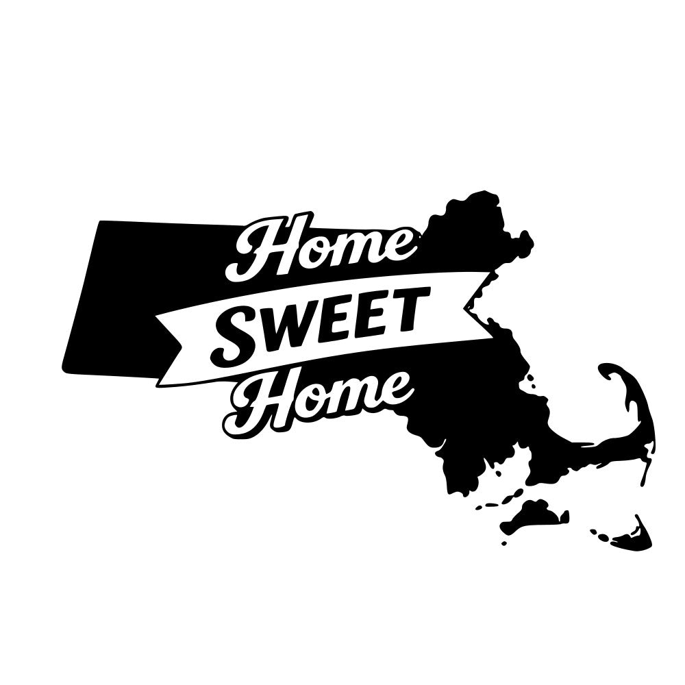 home sweet home, black and white, state map, massachusetts, new england, vintage, retro, typography, text, banner, inspirational, motivational, home decor, wall art, traditional, classic, minimalist, monochrome, geographic, americana, patriotic, house warming, home themed, statement design, bold text, silhouette, map art, regional pride