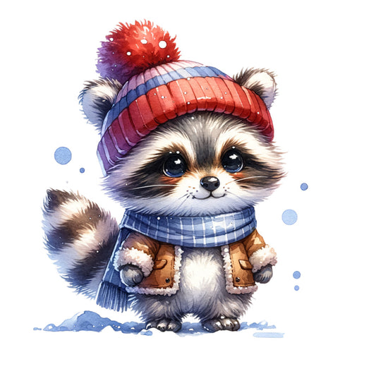 raccoon, winter clothing, knit hat, pom pom, scarf, mittens, watercolor style, blue eyes, snowflakes, coral red, navy blue, brown jacket, cute animal, baby raccoon, winter theme, fabric panel, quilting cotton, whimsical illustration, cold weather, seasonal design