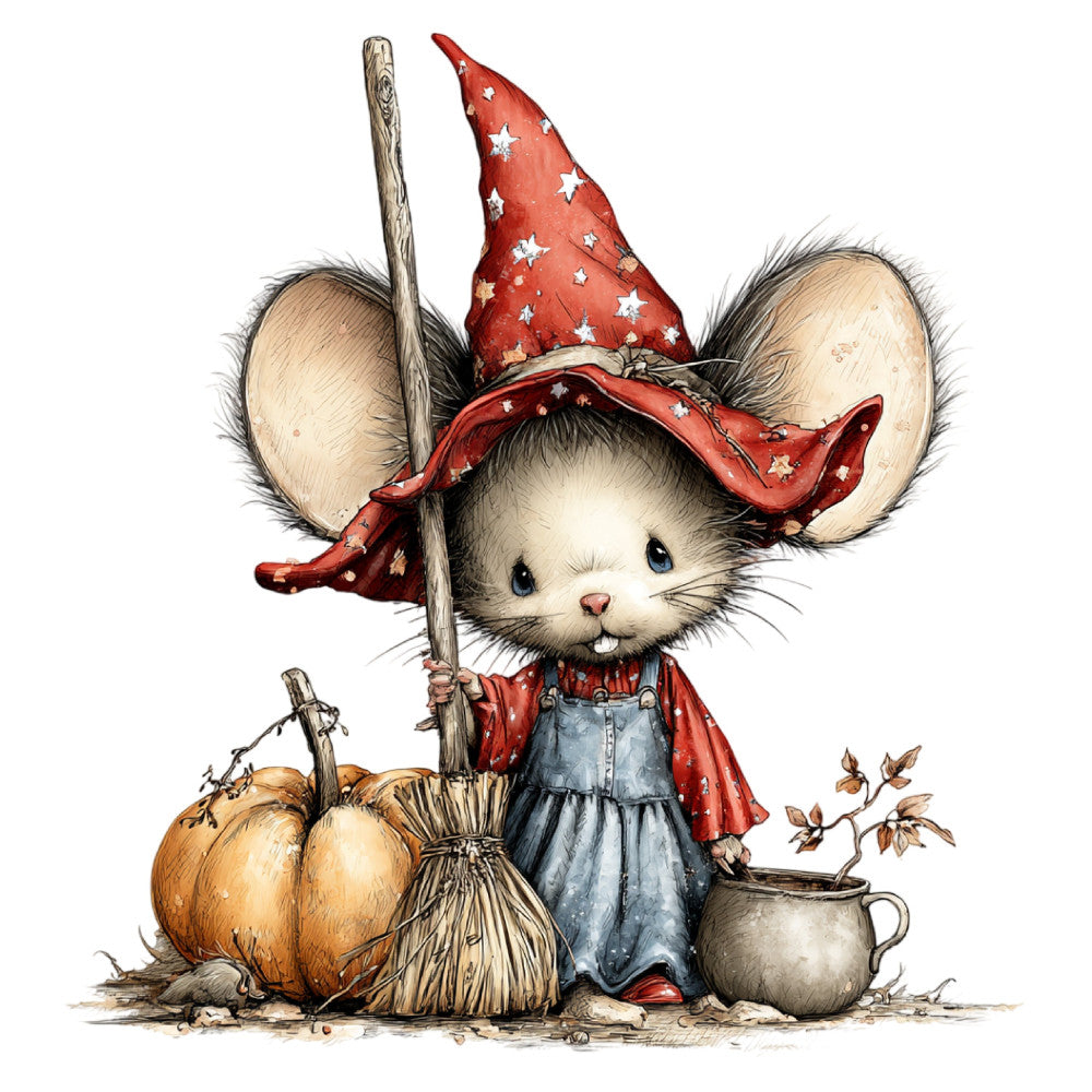cute mouse, whimsical animals, red star hat, wizard theme, autumn, fall harvest, pumpkin, broomstick, magical, storybook, children's illustration, nursery, baby, woodland creatures, folk art, vintage inspired, rustic, cream, red, blue denim, burnt orange, stars, celestial, fairy tale, fantasy, charming, adorable, cottage core, pastoral, harvest season
