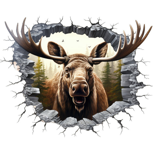 moose, breaking through, cracked wall, brown, gray, forest, pine trees, antlers, wildlife, nature scene, fabric panel, quilting cotton, trompe l'oeil, 3d effect, wilderness, outdoor, animal portrait, evergreen trees, stone texture, realistic art