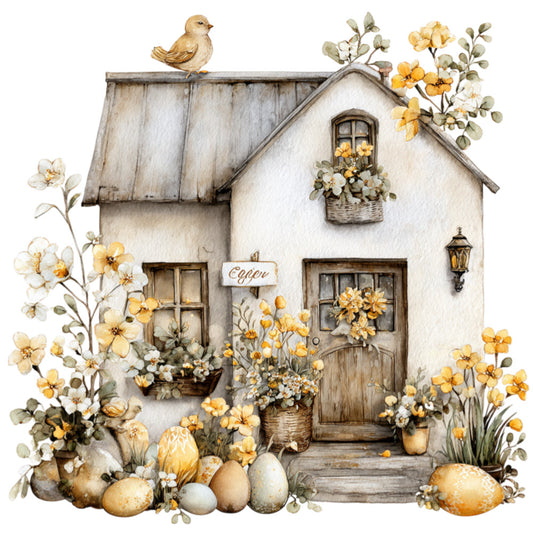 cottage core, farmhouse, yellow flowers, cream, beige, tan, golden yellow, white flowers, vintage, rustic, botanical, floral, bird, eggs, spring, easter, nature, whimsical, storybook, watercolor, illustration, home and garden, country cottage, pastoral, traditional, delicate florals, daisy, yellow blooms, cozy, homespun