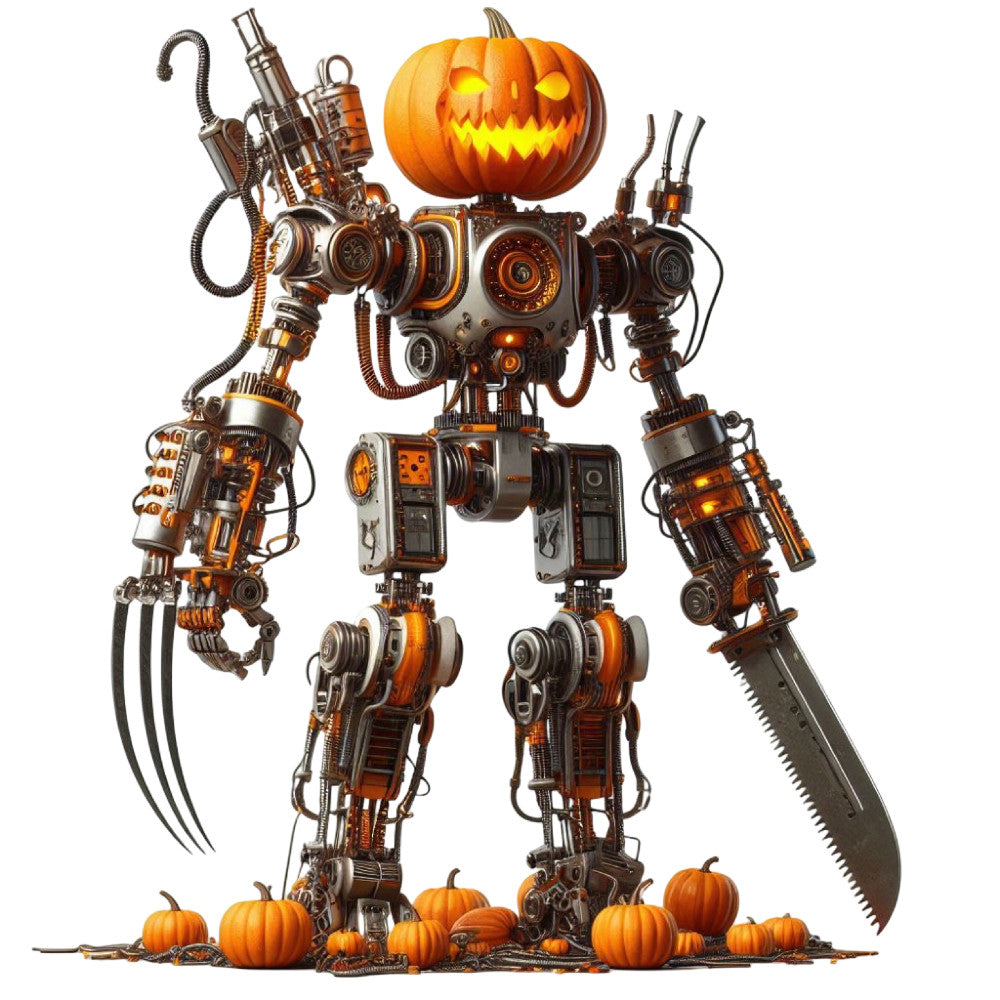 steampunk, halloween, jack-o-lantern, pumpkin, robot, mechanical, industrial, orange, bronze, copper, gold, black, metallic, autumn, fall, horror, gothic, vintage, retro, futuristic, sci-fi, science fiction, gears, cogs, machine parts, spooky, creepy, whimsical, dark, wall hanging