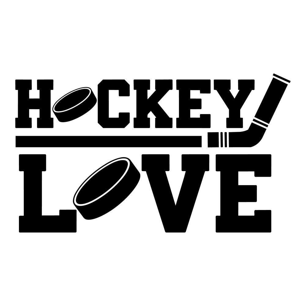 hockey love, sports themed, black and white, hockey puck, hockey stick, athletic, sports fan, man cave, boys room, sports decor, game day, ice hockey, sports enthusiast, modern style, bold typography, graphic design, text design, sports apparel, casual style, fan gear, hobby themed, recreation, winter sports, sports gifts, contemporary style, striking design, high contrast, statement design, sports passion