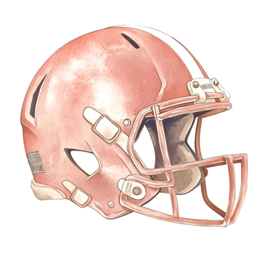 coral pink, salmon, rose, peachy pink, sports, football, football helmet, athletic, masculine, sports fan, team spirit, game day, sports themed, modern, contemporary, boys, men, casual, fall, autumn, winter, graduation, back to school, wall hanging, home decor, novelty print, illustration style, watercolor effect, shaded, dimensional