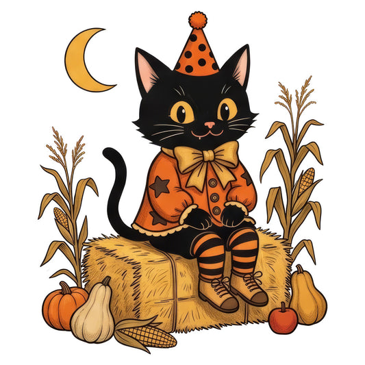 black cat, orange, gold, autumn, fall, halloween, harvest, moon, crescent moon, corn stalks, pumpkin, pear, apple, bow tie, party hat, striped stockings, boots, whimsical, festive, seasonal, nature, animals, cute, playful, vintage, retro, children's, folk art, haystack, scarecrow theme