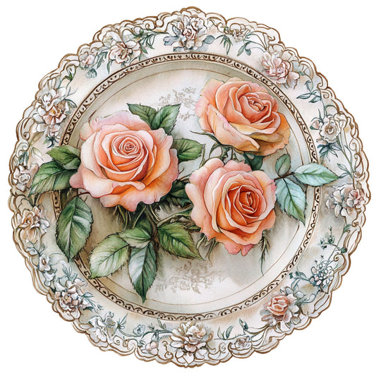 coral rose, peach rose, salmon pink, soft pink, cream, sage green, vintage floral, botanical, ornate border, decorative frame, roses, flower blooms, flourish, elegant, romantic, traditional, victorian, cottage style, classic, spring, summer, nature inspired, garden flowers, layered petals, delicate, feminine, timeless, heritage, damask accents