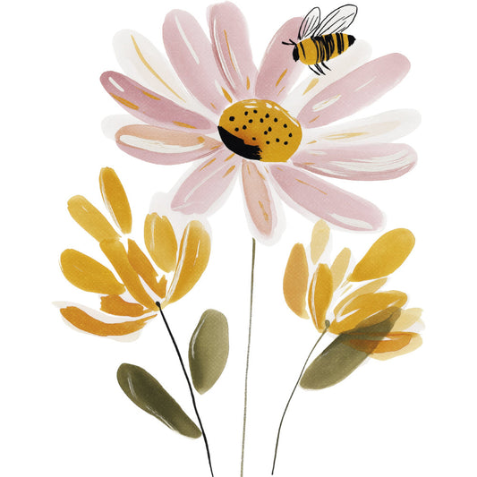 blush pink, dusty rose, pale pink, soft pink, golden yellow, mustard yellow, sage green, olive green, white, cream, bee, honeybee, daisy, floral, nature, botanical, spring, summer, whimsical, modern, elegant, garden, wildflower, insect, pollinator, watercolor, painted, soft colors, cottage core, natural