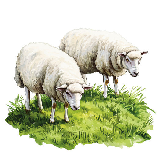 sheep, lamb, pastoral scene, green grass, cream wool, white fleece, grazing animals, countryside, farm animals, watercolor style, soft illustration, nature scene, meadow, rural landscape, fabric panel, quilting cotton, spring green, ivory, beige tones, agricultural theme