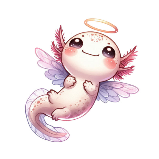 cute axolotl, cartoon character, pink salamander, purple wings, angel halo, kawaii style, pastel colors, soft pink, lavender purple, adorable animal, whimsical design, fabric panel, quilting cotton, nursery theme, fantasy creature, smiling face, big eyes, feathery gills, aquatic animal, children's fabric