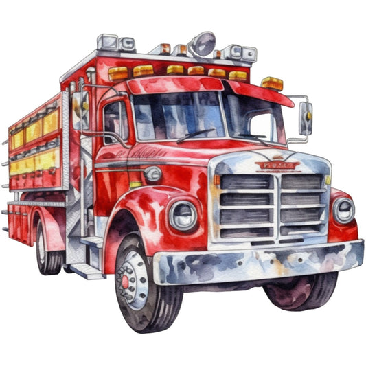 red, yellow, silver, vintage fire truck, watercolor style, emergency vehicle, chrome details, amber lights, fabric panel, quilting cotton, transportation theme, retro illustration, children's fabric, bright colors, nostalgic design, rescue vehicle, painted artwork, cotton panel, vintage style