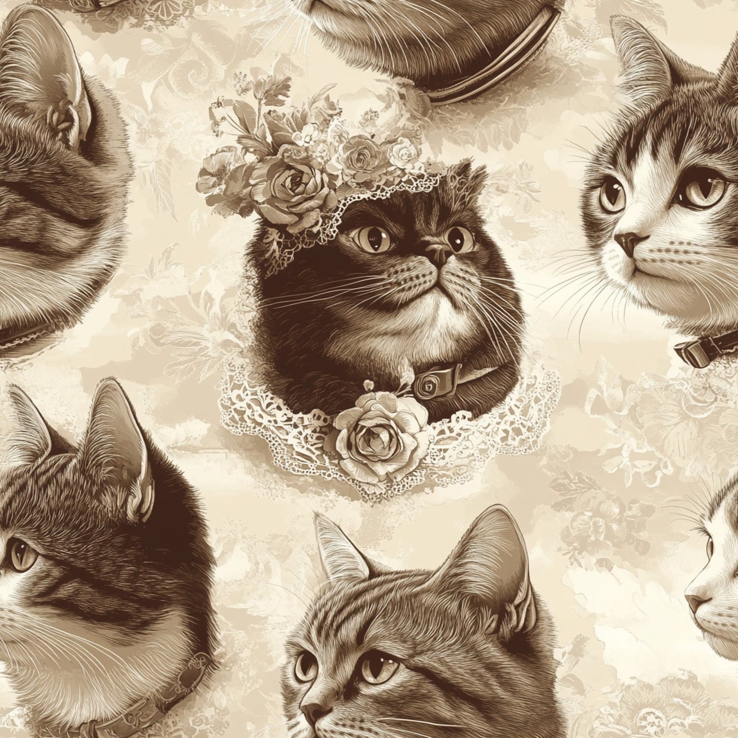 Vintage Cats With Lace Pattern 10 Quilting Cotton Fabric