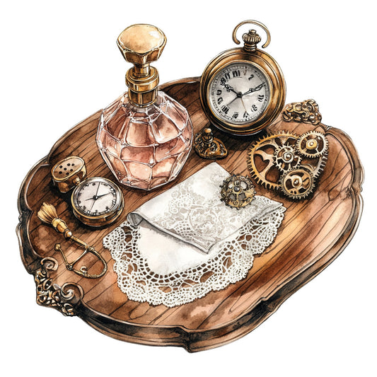 steampunk, vintage, brown, tan, cream, gold, brass, antique, pocket watch, gears, perfume bottle, lace, romantic, elegant, nostalgia, victorian, industrial, timepiece, mechanical, retro, aesthetic, mixed media, collage, botanical, table topper, wall art, home decor, timeless, classic, decorative panel