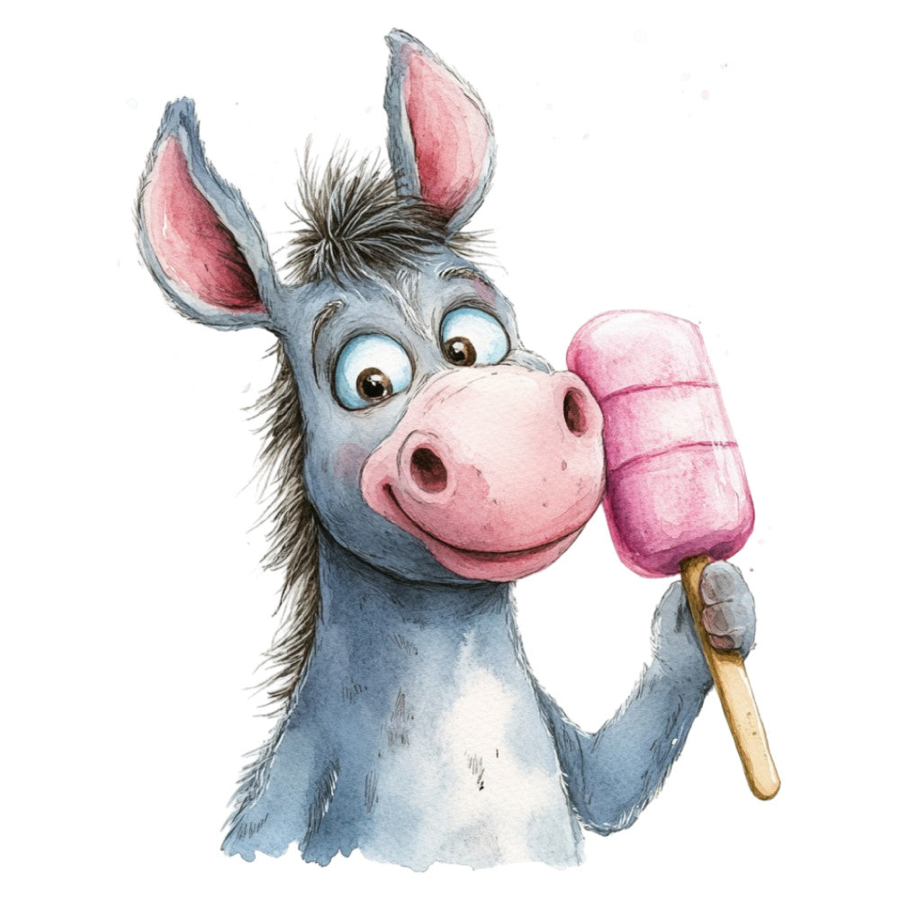 donkey, gray, grey, blue-gray, pink, popsicle, ice cream, whimsical, playful, children, kids, cartoon, cute, animals, funny, humorous, expressive, summer, treats, dessert, happy, cheerful, lighthearted, nursery, baby, character print, illustrated, contemporary