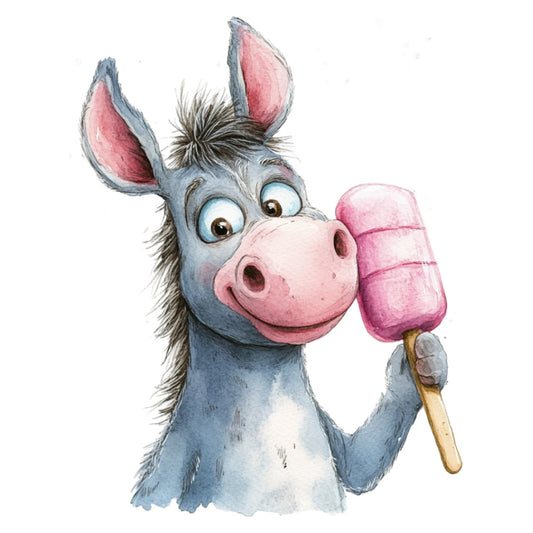 donkey, gray, grey, blue-gray, pink, popsicle, ice cream, whimsical, playful, children, kids, cartoon, cute, animals, funny, humorous, expressive, summer, treats, dessert, happy, cheerful, lighthearted, nursery, baby, character print, illustrated, contemporary