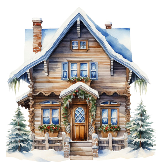 Watercolor Winter Houses Fabric Panel 32