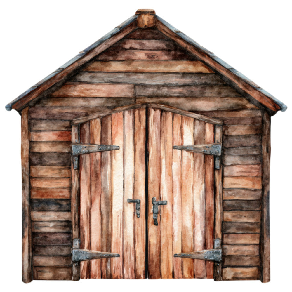 wooden shed, barn door, rustic, farmhouse, vintage, brown, tan, rust, dark brown, charcoal gray, wood grain, barn, country, agricultural, storage building, heritage, traditional, weathered wood, double doors, metal hinges, cottage, pastoral, rural, americana, primitive, heritage crafts, nostalgic, architectural, building, homestead