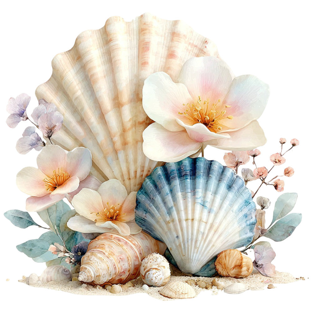 seashell, coastal, nautical, beach, ocean, cream, blush pink, soft peach, dusty blue, sage green, pale lavender, floral, watercolor, delicate flowers, shells, starfish, sand, sea life, elegant, romantic, whimsical, botanical, spring, summer, coastal living, beach house, seaside, nature inspired, soft pastel, dreamy