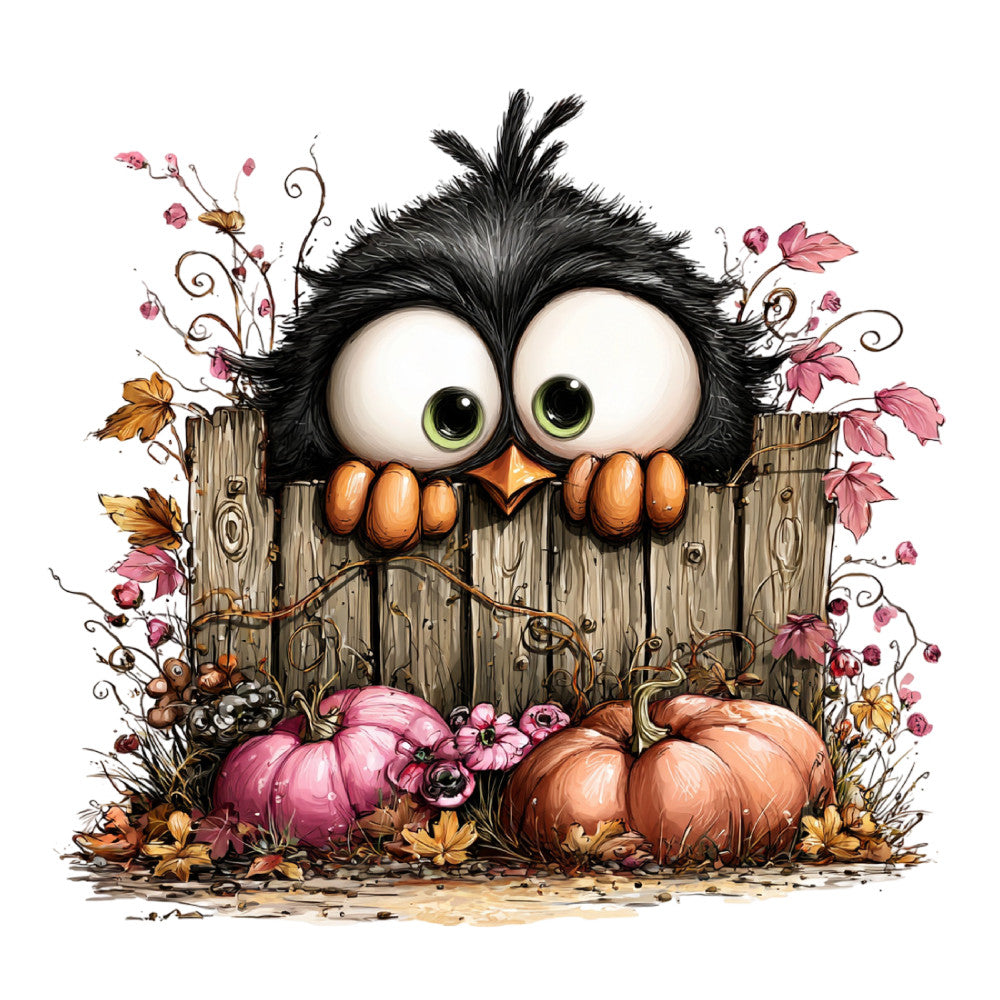 black owl, orange beak, white eyes, autumn, fall, harvest, pumpkin, dusty rose, burnt orange, tan, wood fence, rustic, whimsical, farmhouse, nature, woodland creatures, seasonal, decorative panel, wall hanging, thanksgiving, autumn leaves, vines, berries, magical, charming, cottage core, folk art style, children's fabric, novelty print