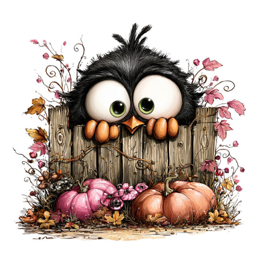 black owl, orange beak, white eyes, autumn, fall, harvest, pumpkin, dusty rose, burnt orange, tan, wood fence, rustic, whimsical, farmhouse, nature, woodland creatures, seasonal, decorative panel, wall hanging, thanksgiving, autumn leaves, vines, berries, magical, charming, cottage core, folk art style, children's fabric, novelty print