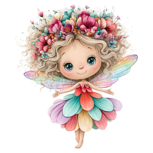 fairy, flower fairy, whimsical, pastel pink, coral pink, mint green, lavender purple, cream, blush, floral crown, flower petals, wings, nature, spring, magical, fantasy, children, nursery, baby girl, delicate, soft colors, botanical, garden, ethereal, enchanted, storybook, illustration style, colorful, dimensional petals