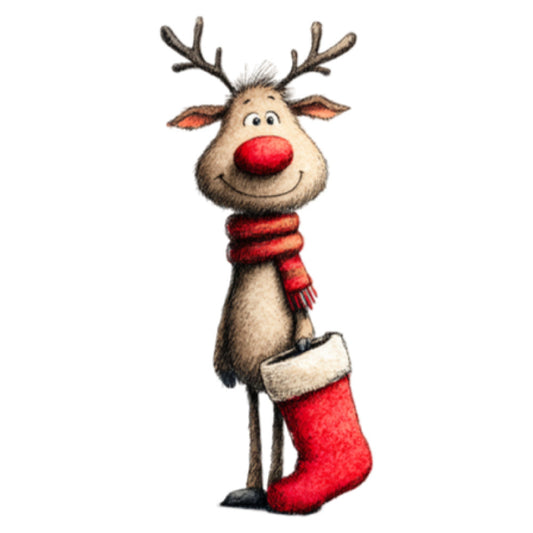 reindeer, rudolph, red nose, christmas, holiday, festive, whimsical, cute, children's, tan, cream, red, scarf, stocking, jolly, seasonal, winter, decorative, cartoon, playful, nose, antlers, smile, cheerful, traditional, classic, animal, character, novelty