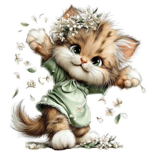adorable cat, sage green, cream white, tan brown, fluffy kitten, whimsical animals, cute kitten, spring flowers, daisy flowers, floral crown, nature-inspired, sweet animals, children's fabric, baby quilt, nursery decor, storybook style, gentle illustration, soft colors, pastoral theme, cottage core, vintage style, charming animals, playful kitten, flower petals, dreamy design, illustrated animals, springtime theme, decorative panel, wall hanging, girls bedroom