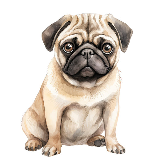 Watercolor Pug Fabric Panel 20 featuring a detailed, hand-painted pug in soft neutral tones on premium quilting cotton.