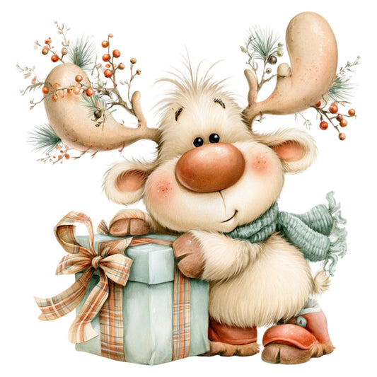 cute reindeer, christmas, holiday, whimsical, festive, cream, beige, tan, rust orange, sage green, plaid bow, berries, winter, seasonal, animal character, children's, baby, cheerful, decorative, folk art, traditional, cottage style, gift wrapped, folk whimsy, neutral tones, warm colors, playful, endearing, themed panel