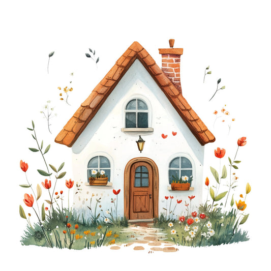 cottage core, whimsical house, white cottage, terra cotta roof, brick chimney, spring flowers, tulips, orange flowers, red hearts, wildflowers, countryside, rustic farmhouse, cream white, terracotta, forest green, golden yellow, cottage garden, nature themed, pastoral, vintage cottage, cozy home, storybook illustration, botanical, decorative flowers, spring season, home sweet home, garden theme, charming cottage, watercolor style, folk art
