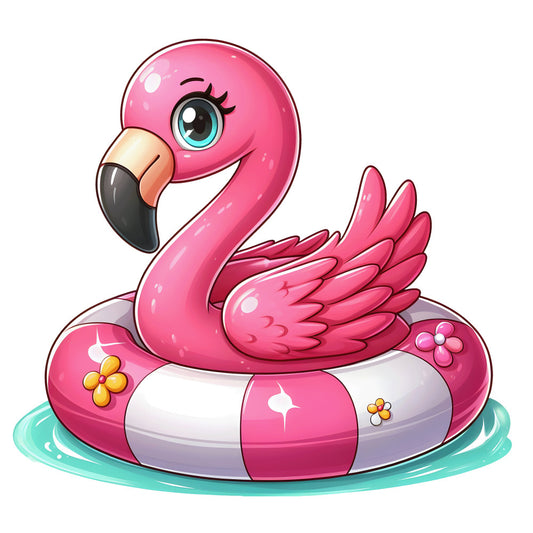 pink flamingo, baby flamingo, swim ring, pool float, bright pink, coral pink, turquoise water, cartoon style, cute animal, tropical bird, summer theme, water play, inflatable ring, floral details, kawaii style, fabric panel, quilting cotton, nursery decor, playful design, whimsical art