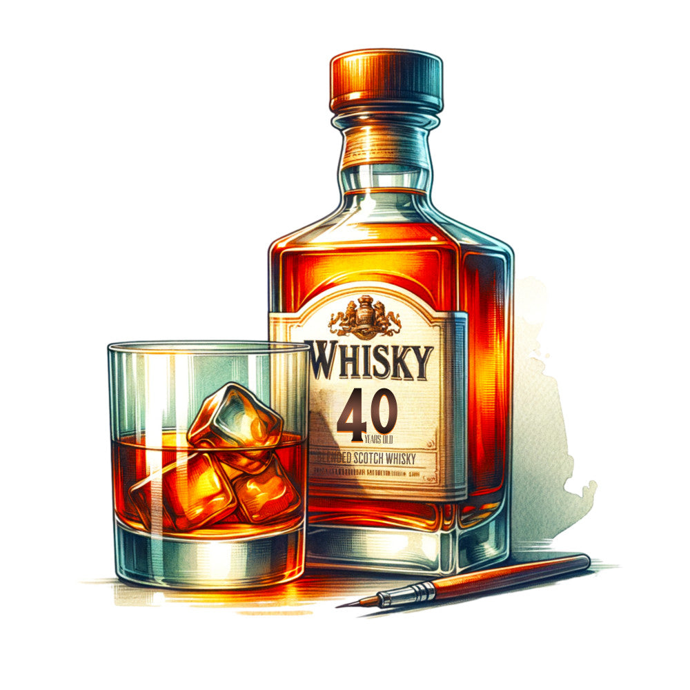 whisky bottle, amber liquid, ice cubes, glass tumbler, fountain pen, orange tones, golden hues, teal accents, vintage label, aged spirits, luxury beverage, realistic illustration, fabric panel, quilting cotton, sophisticated mood, bar scene, premium alcohol, crystal glassware, artistic rendering, rich colors