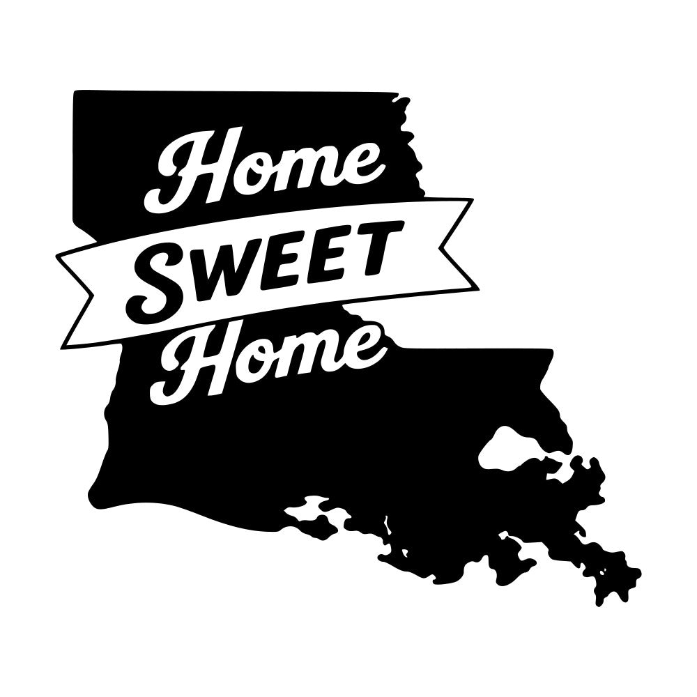 home sweet home, black and white, typography, text, banner, ribbon, vintage, rustic, farmhouse, home decor, inspirational, quote, state map, pennsylvania, louisiana, geographic, americana, traditional, nostalgic, wall hanging, home accent, monochrome, bold text, script font, two-state design
