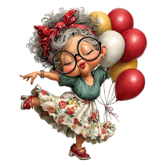 whimsical, vintage, red, gold, cream, forest green, floral, character panel, grandma, elderly woman, playful, retro, 1950s style, novelty, festive, balloon, cheerful, fun, decorative panel, illustration, portrait, quirky, nostalgic, colorful, spring, summer, fun fabric, children's, family friendly
