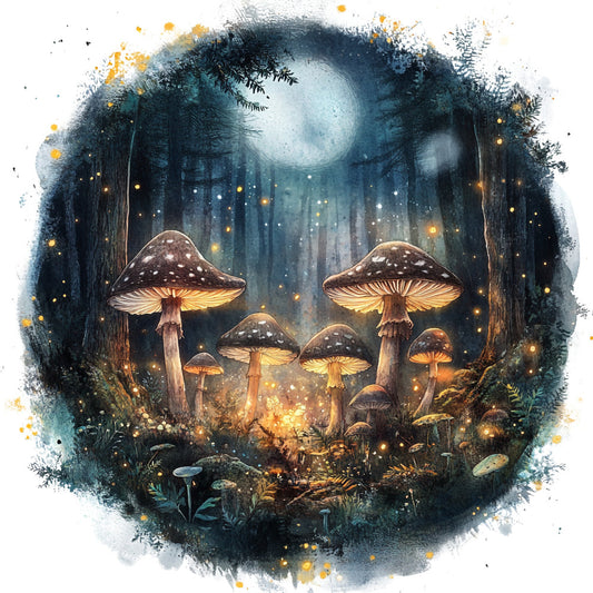 enchanted forest, moonlight, bioluminescent, glowing mushrooms, magical woodland, dark teal, deep blue, golden yellow, amber glow, whimsical, mystical, fantasy, nature, celestial, moon, forest, mushroom, luminous, nighttime, bohemian, ethereal, dark academia, woodland creatures, enchantment, autumn, moody, atmospheric, magical realism, wall hanging, throw pillow