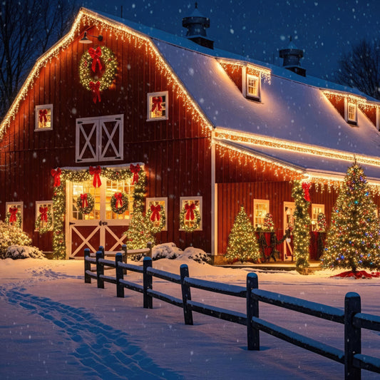 christmas, holiday, barn, farmhouse, winter, snow, snowy, red barn, rustic, festive, wreath, garland, twinkling lights, warm gold, golden yellow, deep red, burgundy, dark blue, navy blue, nighttime, cottage core, traditional, cozy, seasonal, illuminated, wreath and bow, evergreen, christmas decorations, winter landscape