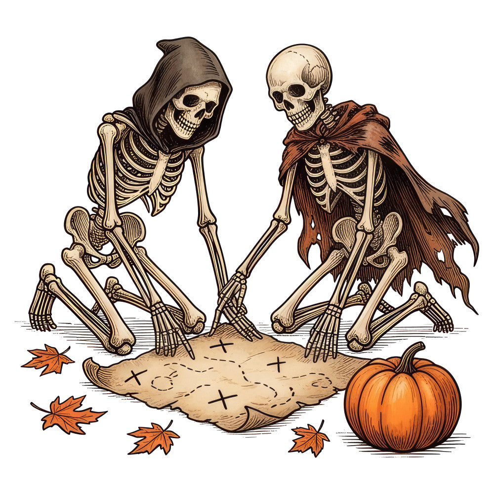 skeleton, halloween, autumn, fall, pumpkin, leaves, grim reaper, death, spooky, creepy, bone, tan, cream, brown, rust, orange, gothic, vintage, whimsical, dark, holiday, decorative, trick or treat, october, supernatural, macabre, beige, earthy tones, character, illustration
