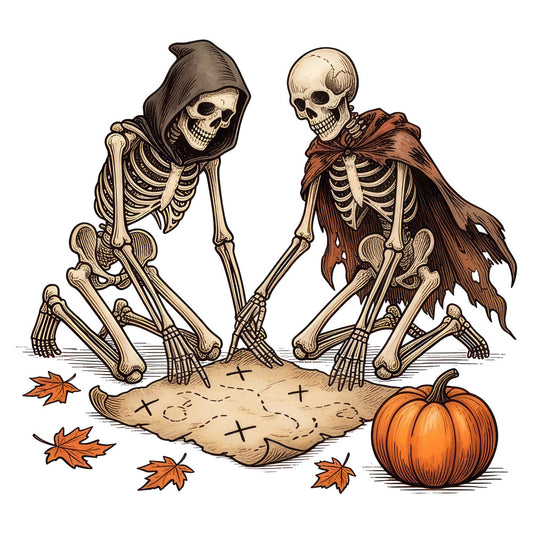 skeleton, halloween, autumn, fall, pumpkin, leaves, grim reaper, death, spooky, creepy, bone, tan, cream, brown, rust, orange, gothic, vintage, whimsical, dark, holiday, decorative, trick or treat, october, supernatural, macabre, beige, earthy tones, character, illustration