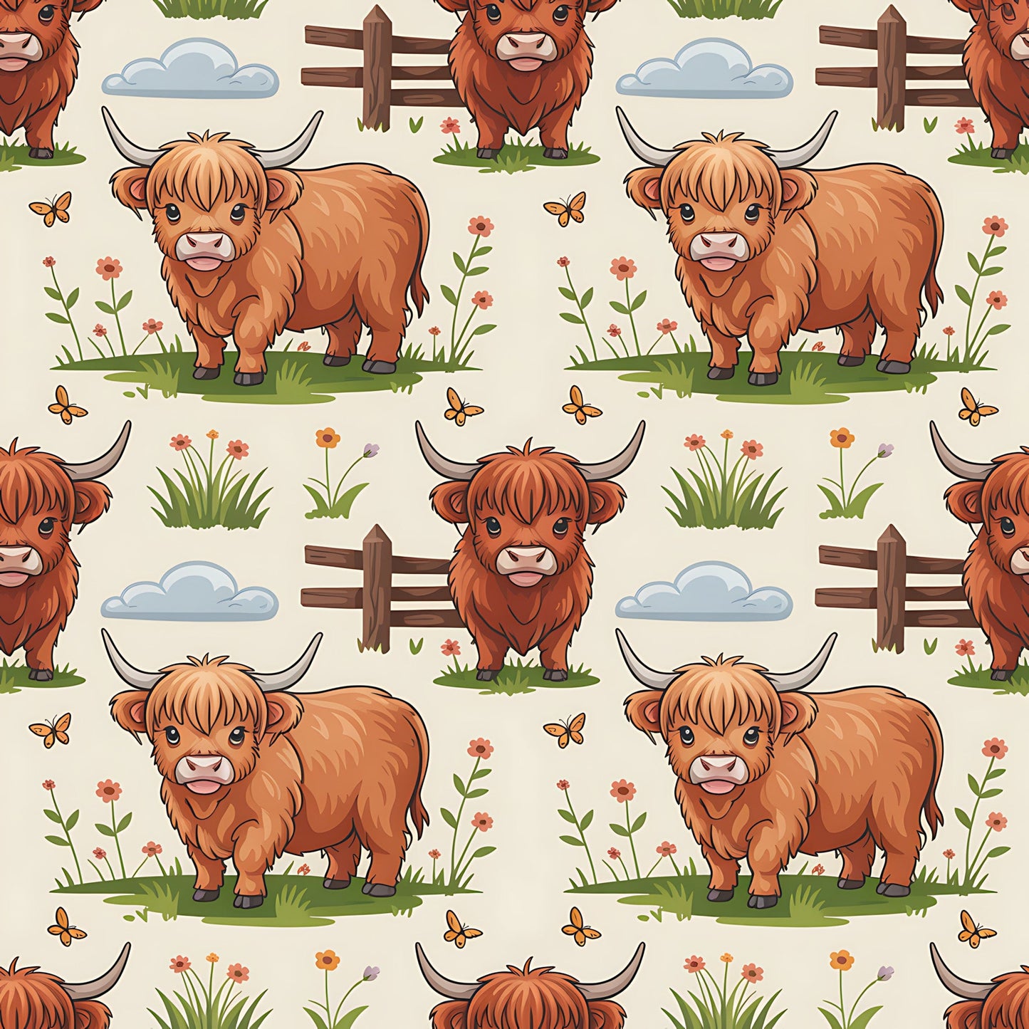 Cartoon Highland Cows Pattern 12 Quilting Cotton Fabric