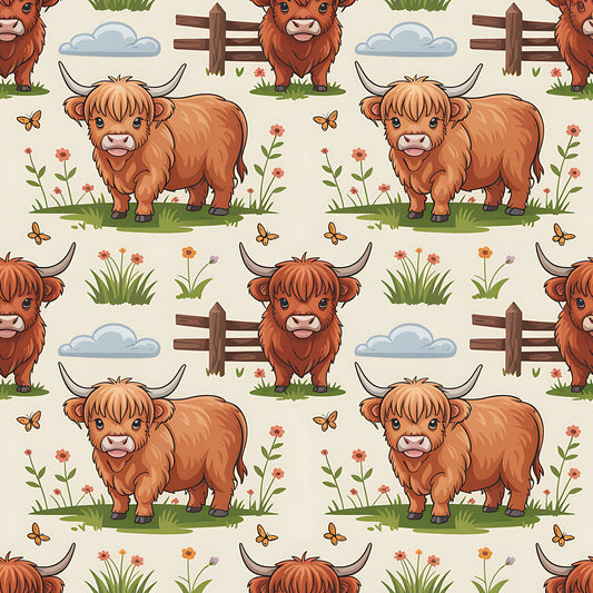 Cartoon Highland Cows Pattern 12 Quilting Cotton Fabric