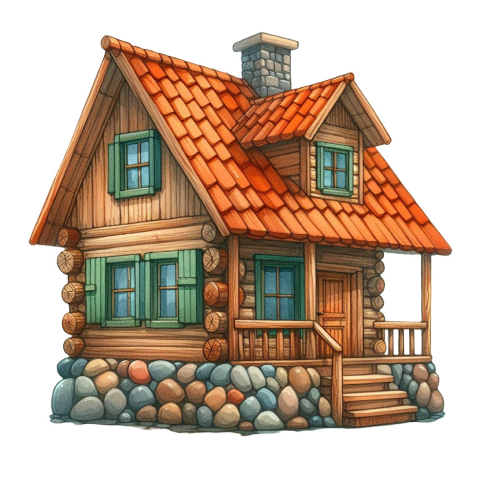 cottage core, log cabin, rustic, forest green, terracotta orange, warm wood tones, stone foundation, storybook, whimsical, countryside, farmhouse, european cottage, vintage architecture, children's illustration, cozy home, architectural, building motif, scandinavian, traditional, charming, peaceful, nature-inspired, storybook illustration, decorative panel, wall hanging, quilt panel, autumn, warm earthy tones, detailed illustration, stacked stone