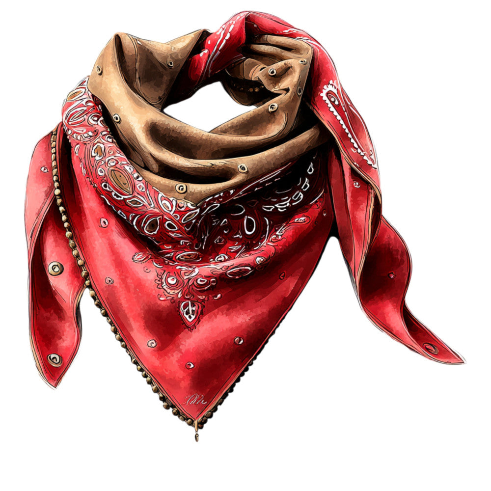 crimson red, burgundy, tan, brown, western, paisley, bandana, studs, metallic accents, studded, vintage, rustic, bohemian, cowboy, country, traditional, leather-look, ornamental, decorative, accessories, scarves, wild west, americana, heritage, classic, ornate detailing, festive, folk art, southwestern