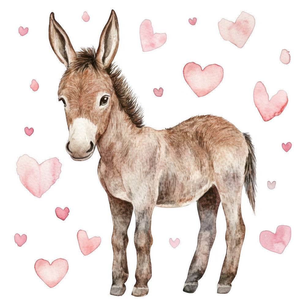 donkey, baby animals, hearts, watercolor, whimsical, sweet, cute, nursery, children's, farmhouse, rustic, dusty rose, blush pink, tan, beige, brown, cream, gentle, soft, adorable, love themed, baby quilt, wall hanging, spring, pastel, romantic, countryside, animal illustration, hand painted style