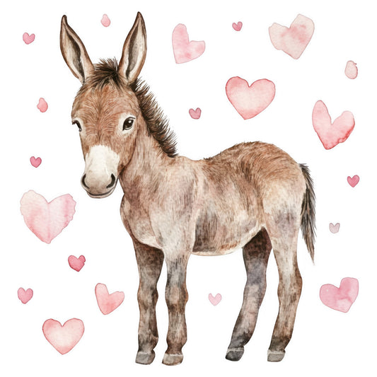 donkey, baby animals, hearts, watercolor, whimsical, sweet, cute, nursery, children's, farmhouse, rustic, dusty rose, blush pink, tan, beige, brown, cream, gentle, soft, adorable, love themed, baby quilt, wall hanging, spring, pastel, romantic, countryside, animal illustration, hand painted style