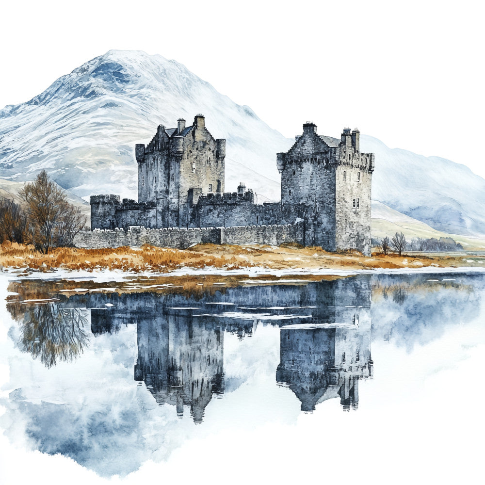 winter landscape, scottish castle, snow-capped mountains, stone fortress, water reflection, medieval architecture, fabric panel, quilting cotton, watercolor style, serene mood, blue tones, gray stones, golden grass, bare trees, highland scenery, ancient ruins, peaceful lake, winter scene, scottish highlands, panoramic view
