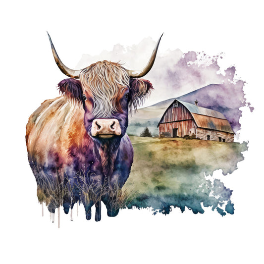 Watercolor Highland Cows Fabric Panel 15 featuring a detailed highland cow and rustic barn, printed on premium quilting cotton.